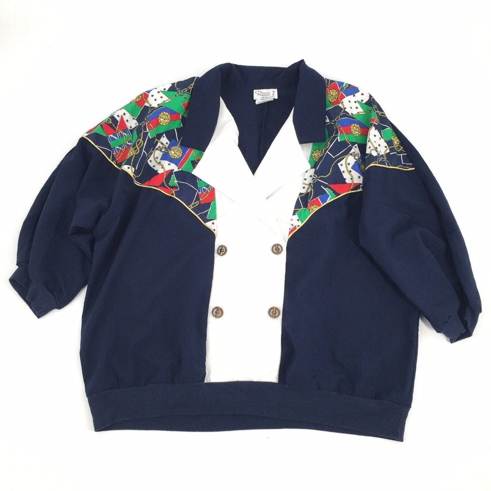 Vintage 80s Remo II Collared Blouse with Shoulder Pads 22W Navy Blue White Plus